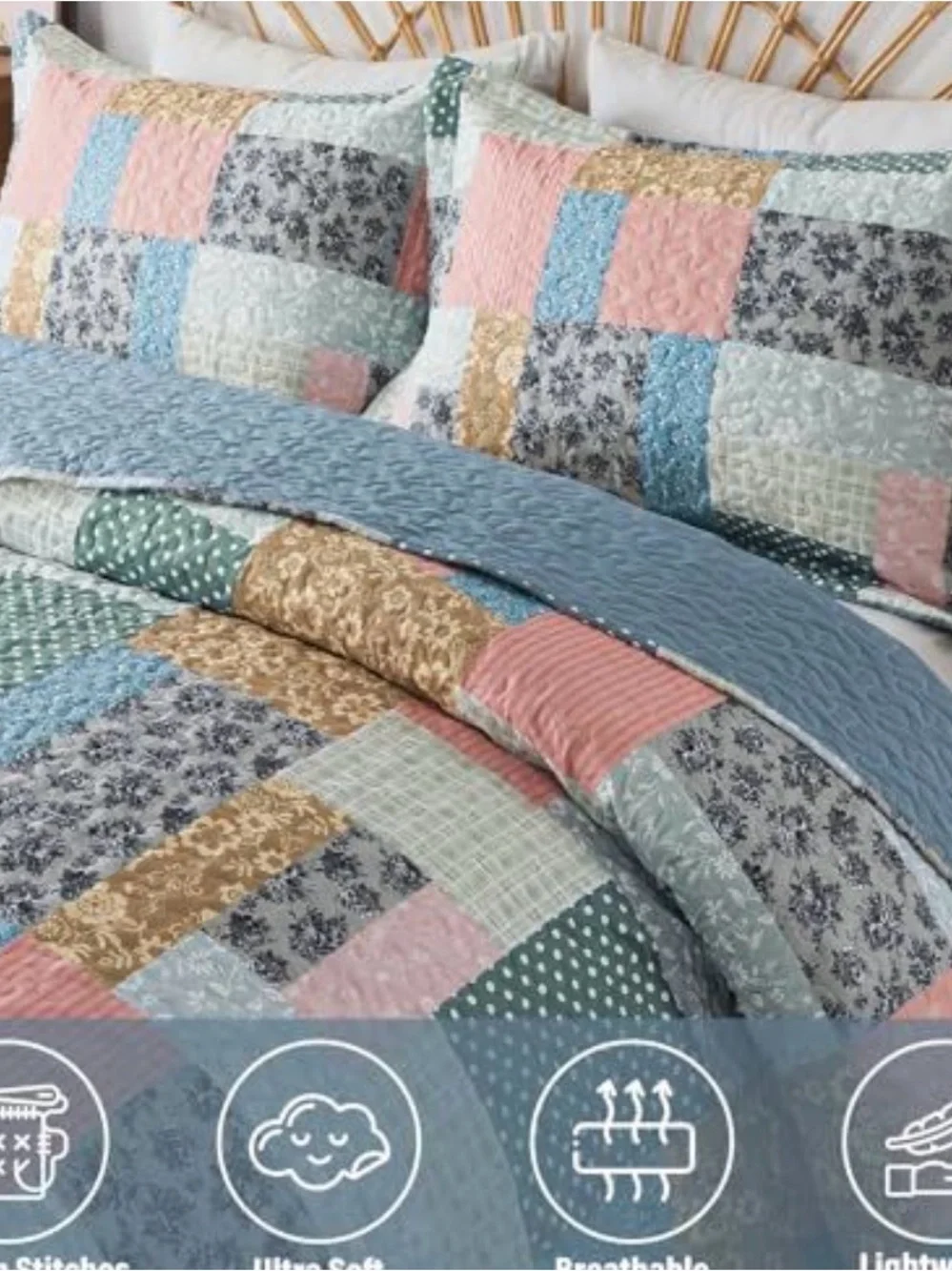 Patchwork Quilt Bedding Set in Pink, Blue, Green and Cream